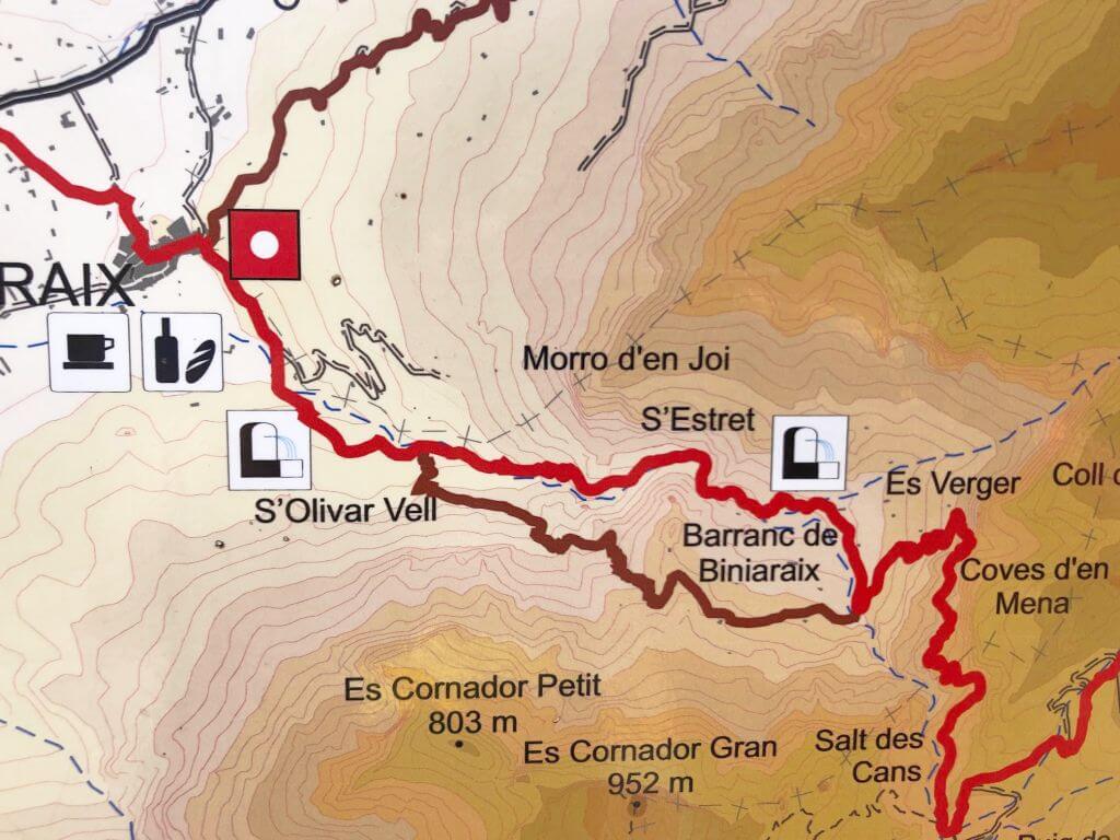 Mapa de la excursión circular por el Torrente de Biniaraix